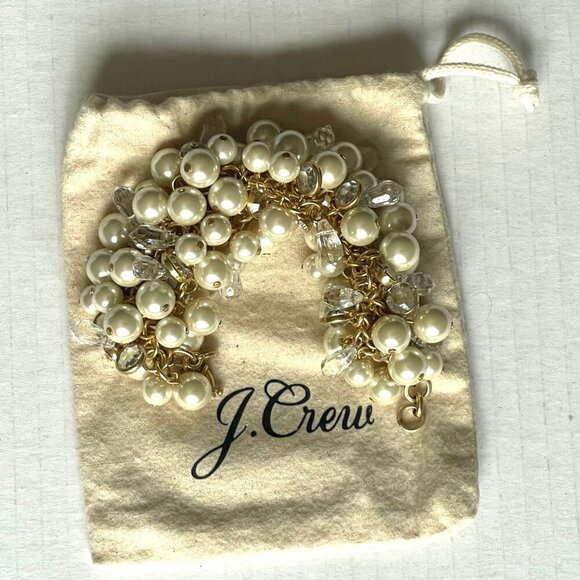 J Crew Faux Pearl Crystal Bracelet Gold Chain Cluster Statement Clasp Wedding - Picture 4 of 10
